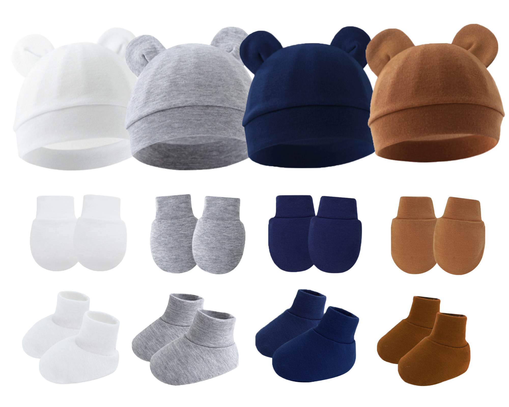Happy Cherry Newborn Hospital Hat Cotton Baby Boy Beanie Caps Infant Bear Ears Preemie Cap Preemie No Scratch Mittens Baby Girl Hat Mitten Sock Set 4 Pack for 0-6 Months(Caramel Navy Blue White Gray)